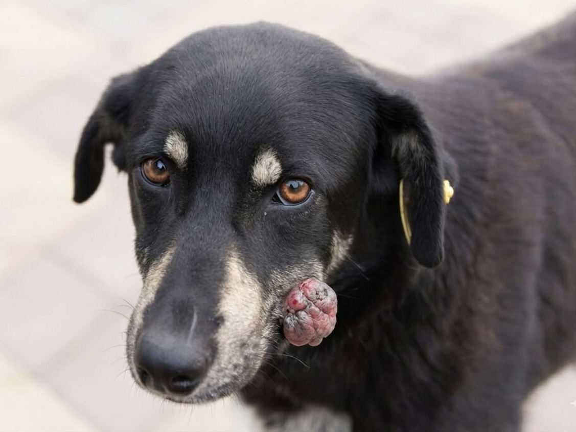Frederico, um cachorro de pelagem preta com manchas brancas, olhando atentamente para a câmera